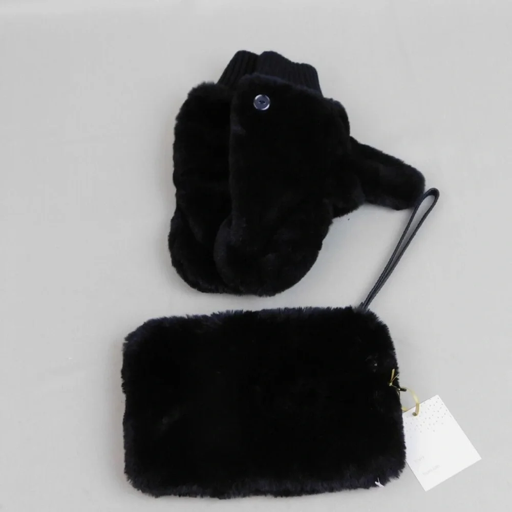 House of Harlow 1960 Faux Fur Mittens & Wristlet Bag Gift Set - Black
